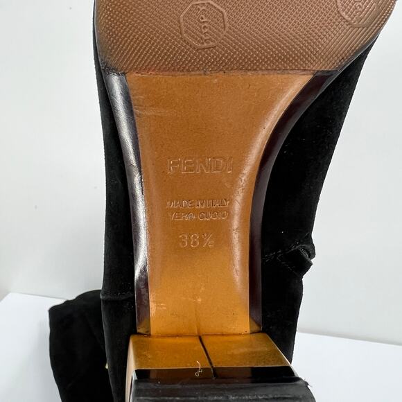 FENDI Boots Womens 38.5 Black Suede Knee High Tall Block Heeled Shoes Gold - Picture 9 of 13